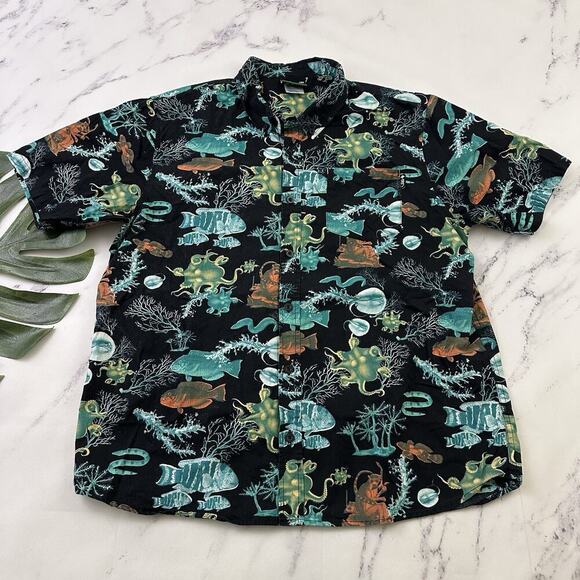 LRG Mens Button Up Shirt Size L Black Blue Ocean Sea Life Octopus Fish Print - Picture 1 of 12